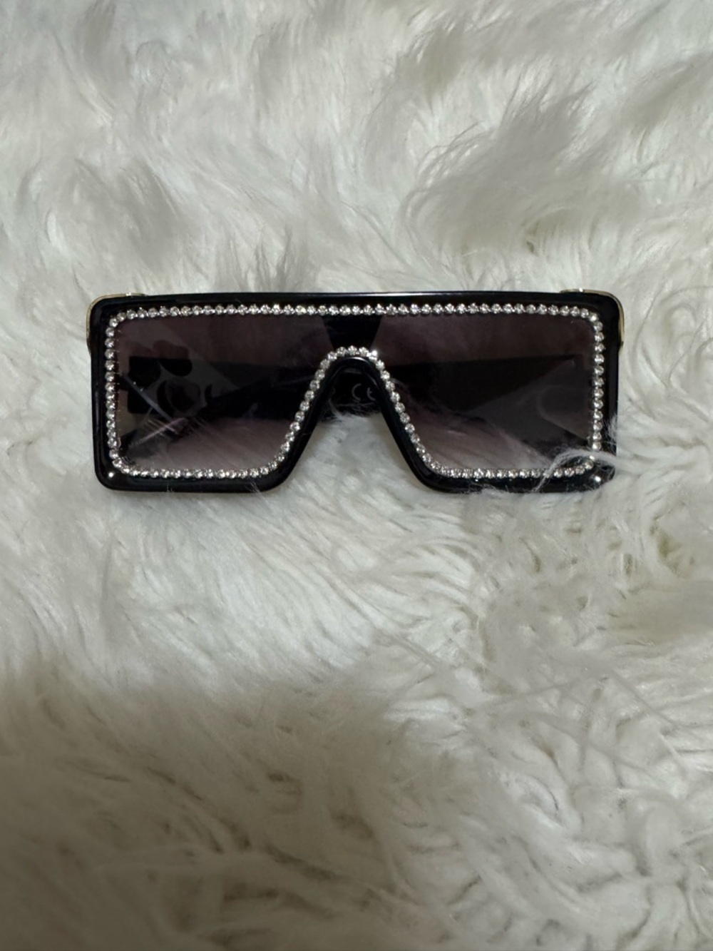 Rhinestone Trim Black Shield Sunglasses - Women Accessories